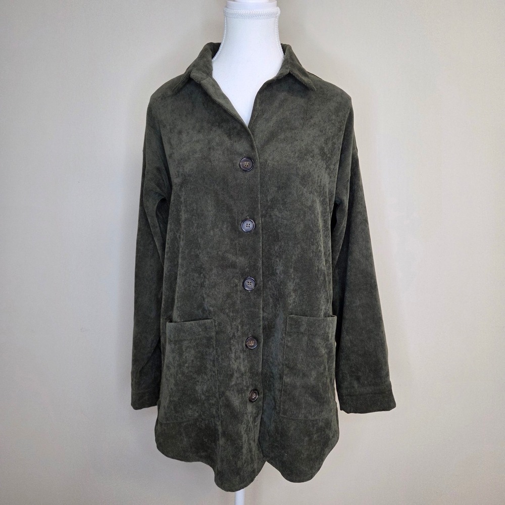 Soft Surroundings Olive Green Corduroy Button Down Shirt Jacket Shacket XS